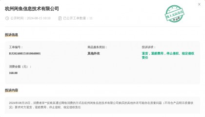 杭州闲鱼信息技术有限公司8月15日被投诉，涉及消费金额160.00元