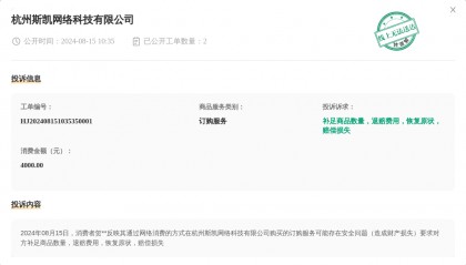杭州斯凯网络科技有限公司8月15日被投诉，涉及消费金额4000.00元