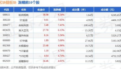 区块链板块5月20日涨0.29%，杭州柯林领涨，主力资金净流出4.63亿元
