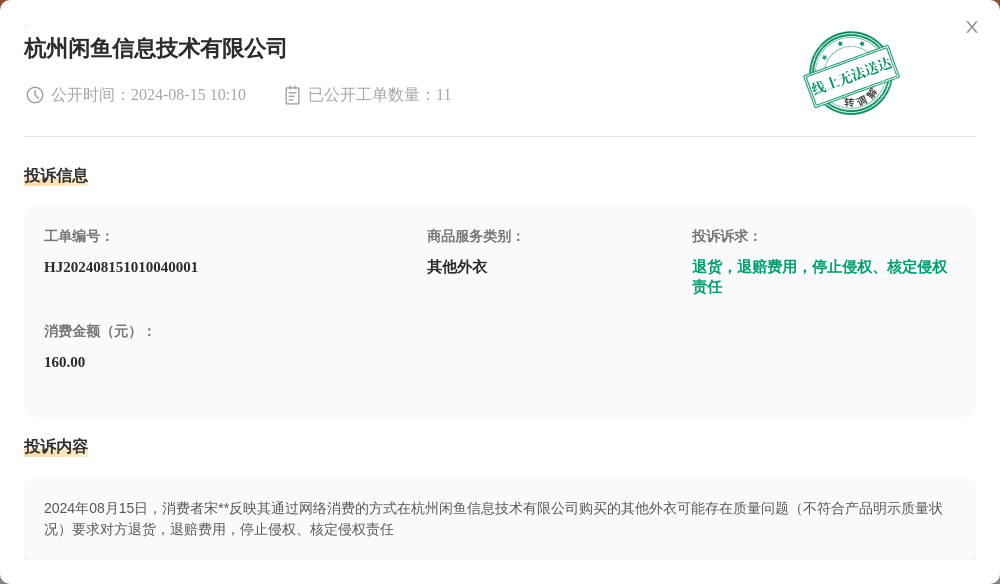 杭州闲鱼信息技术有限公司8月15日被投诉，涉及消费金额160.00元