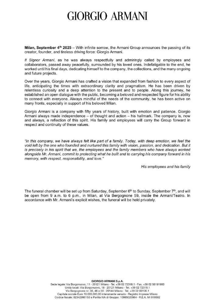 众星悼念阿玛尼先生,胡歌发文:去年曾对他说好好休息,他的精神将继续引领我们向前